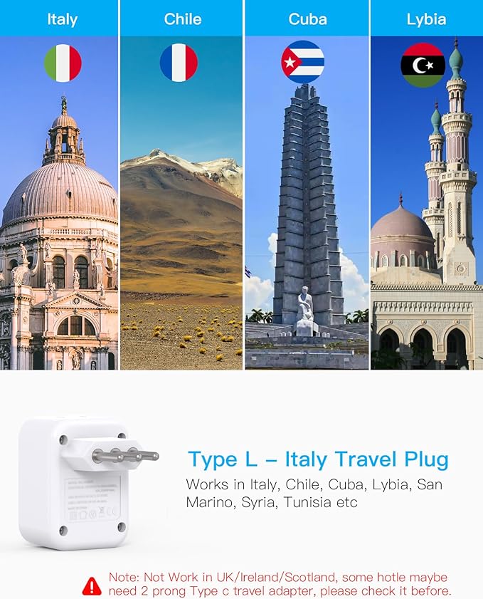 Italy Travel Plug Adapter, HANYCONY Type L Power Plug Adapter with 2 Outlets 3 USB Ports(2 USB C) for US USA to Italy Rome Uruguay Chile Travel Essentials