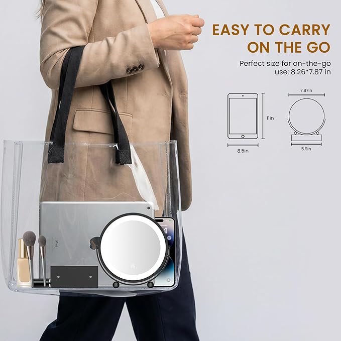 Travel Makeup Mirror, 9" Small Vanity Mirror with Lights, 1500mAH Battery, 3-Color Lighting, Dimmable, 360° Rotation, Round Portable Desk Mirror, Travel Essentials (Black)