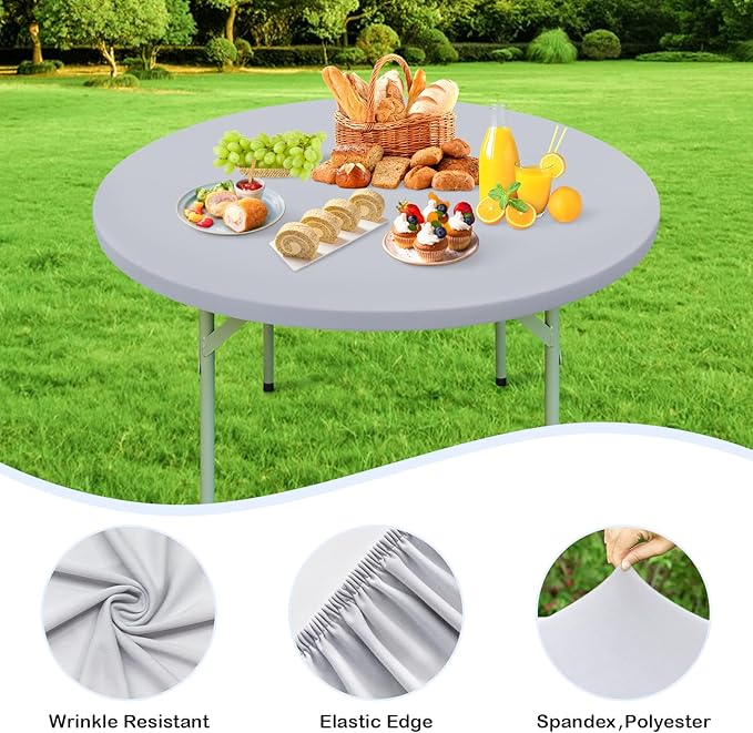 Wolkemer 2 Pack 5 Foot Silver Fitted Tablecloth 60 Inch Round Elastic Edges Table Cloth, Spandex Stretch Table Cover with Machine Washable Fabric for Wedding Party Picnic Dining Indoor Outdoor