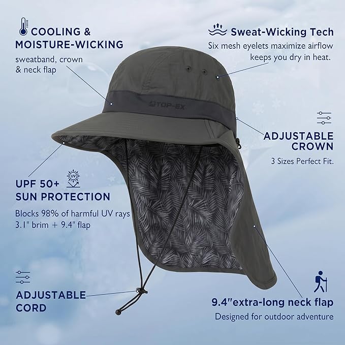TOP-EX Cooling Sun Hat with Neck Flap – UPF 50+ Wide Brim Breathable Hat for Hiking, Fishing & Big Heads