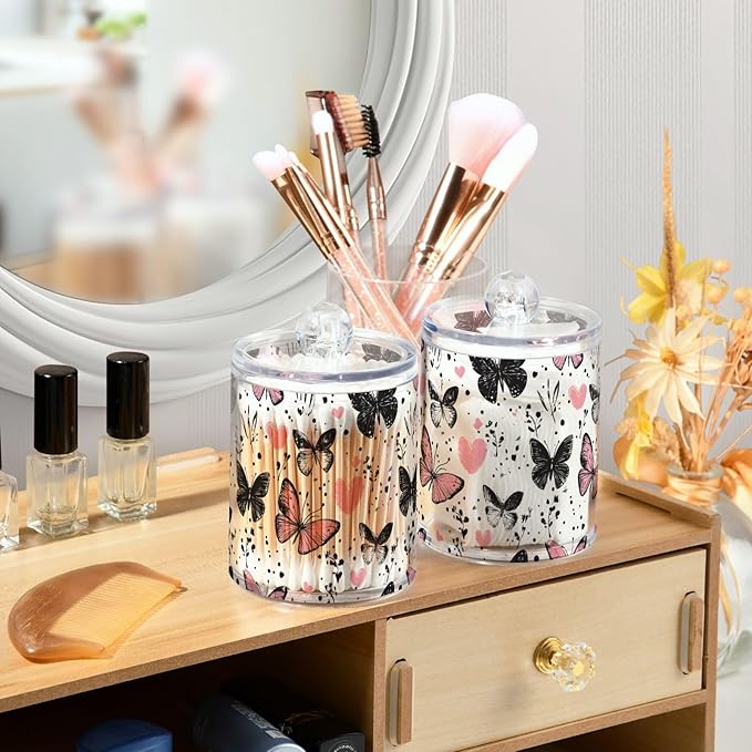 2 Pack Qtip Holder Organizer Dispenser Black Pink Butterflies Hearts Bathroom Storage Canister Cotton Ball Holder Container for Cotton Pads/Swabs/Floss