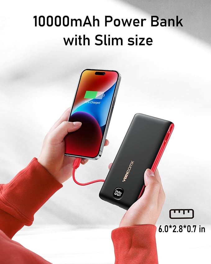 VEEKTOMX Portable Charger with Built in Cables 10000mAh, Power Bank for iPhone with AC Wall Plug, Fast Charging USB C Slim Battery Pack with LED Display Compatible with iPhone 17/16/15, Samsung