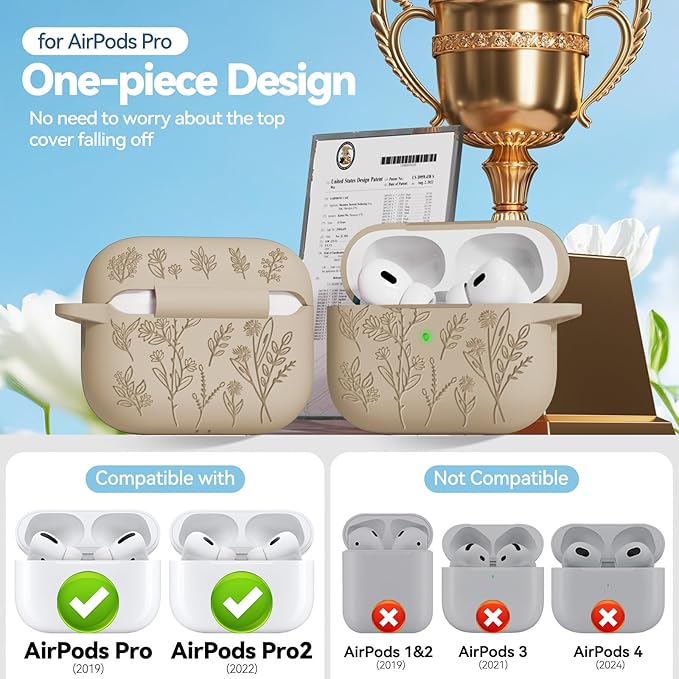 for Apple AirPods Pro 2nd/1st Generation, Soft Silicone Flower Engraved AirPods Pro 2 Gen Protective Case Cover for Women Airpod Case with Clean Kit,Carabiner,Front LED Visible,Sand Powder