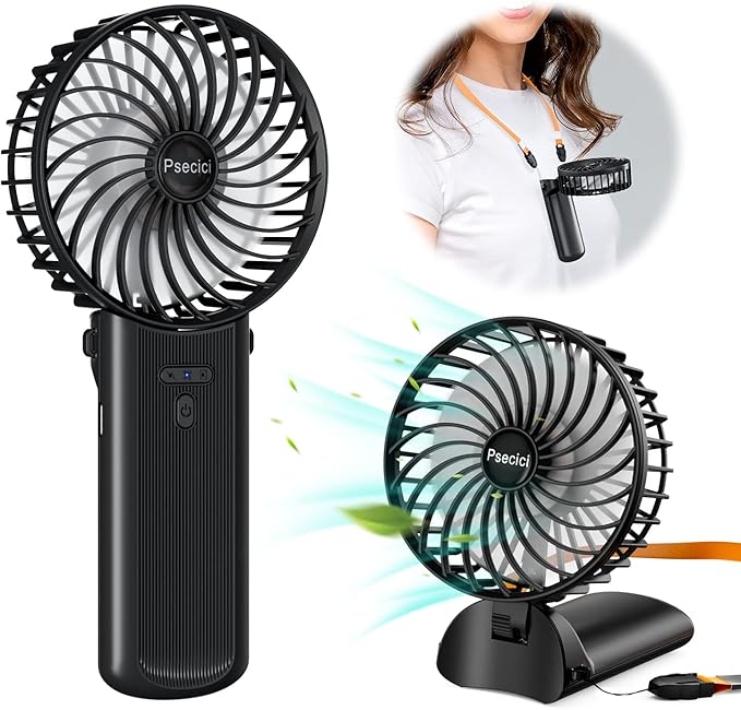 Psecici Handheld Fan, Mini Portable Personal Fan with lanyard, 4 Speeds Level 180° Foldable Design for Desk/Travel/Office/Outdoor