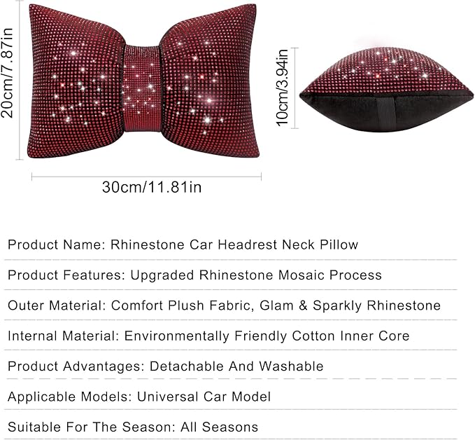 surpassme 2PCS Rhinestone Car Headrest Neck Pillow for Driving with Bling Bling Crystal Bow Pillow Car Accessories for Women (Red)