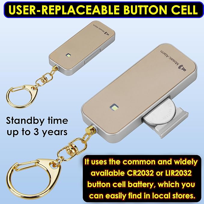 Ultrathin Personal Alarm Rainproof Ultra-Lightweight (0.8 oz) Bulky-Free Keychain Siren for Women, Students Safety. SOS Emergency 130db Hiking Alert Strobe Light. Replaceable Battery. Gold