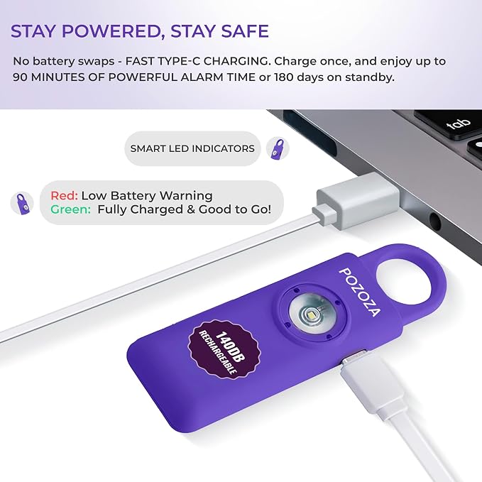 140dB Loudest USB-C Rechargeable Personal Alarm Keychain for Women – Low Battery Indicator, Strobe Light & Panic Button for Self Defense Weapons, Seniors & Travel Safety Essentials (Violet)