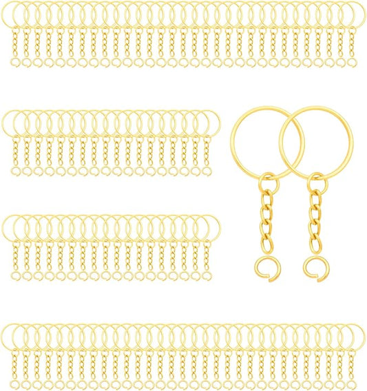 100Sets 1 inch Keychain Rings Golden Split Round Key Ring with Chain and Open Jump Rings for DIY Keychain Making Crafts