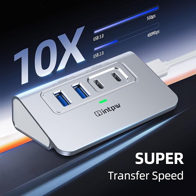 Intpw USB C Hub 10Gbps, 4 Port USB Splitter with 2 USB C/USB A 3.2 Data Ports, [Not Support Video and Chrging], Aluminum USB 3.2 Hub with 3.3Ft Cable for Laptop, PC, Mac, Flash Drive, Camera