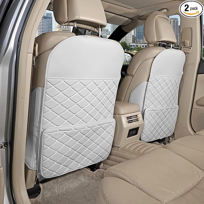 TAIKOO Seat Back Protector + Large Capacity Pocket Storage Organizer,Protects car seats from being stepped,2 Pack Kick Mats.(Cream White)