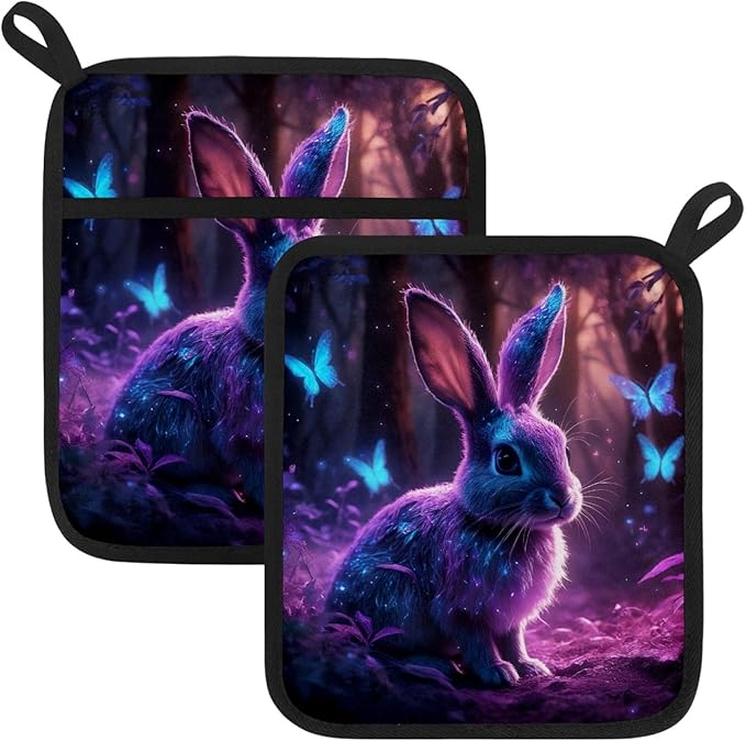 Rabbit and Butterfly Pot Holders with Pockets 2 PCS, Heat Resistant Oven Mitts Hot Pads for Kitchen Baking Cooking, Square Thick Pot Holders Kitchen Hot Potholders, 8.5x10 Inches