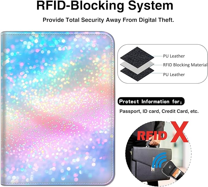 Passport Wallet, Passport Holder with RFID Blocking and Luggage Tag, Waterproof PU Leather Travel Documents Organizer Case, Passport Covers with Card Slot for Women Men,Colorful Glitter Passport Book