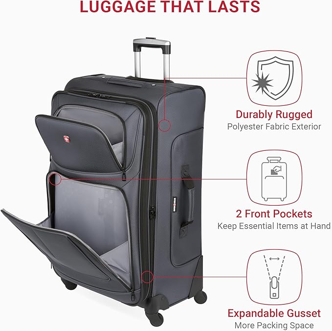 SWISSGEAR Sion Softside Expandable Spinner Luggage Durable Lightweight Travel Suitcase, Dark Grey, Checked-Large