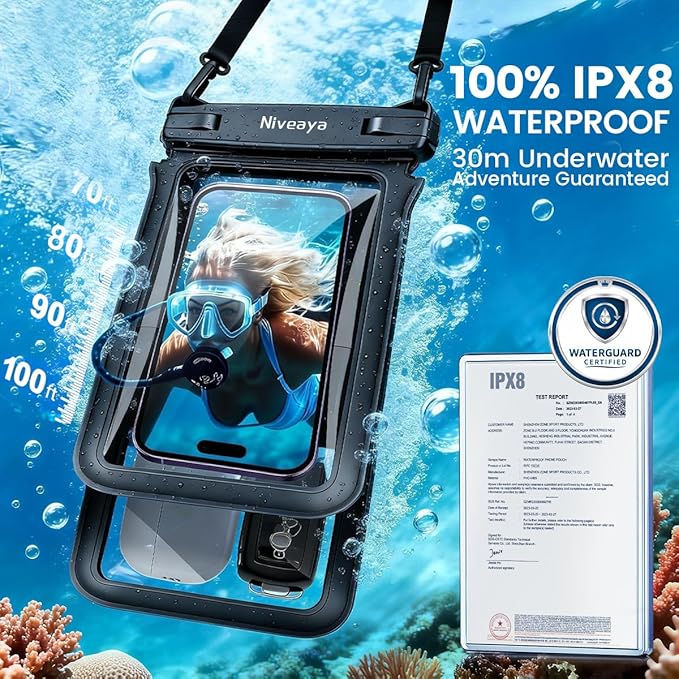 Niveaya IPX8 Double Space Waterproof Phone Pouch (up to 8.3") -2 Pack Waterproof Phone Case with Lanyard for iPhone 17 16 15 Pro Max,Touchscreen & Underwater Photography, Beach Cruise Essentials 2026