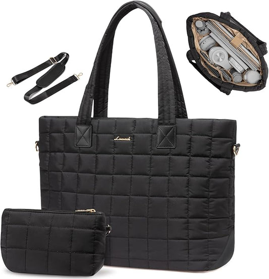 LOVEVOOK Laptop Tote Bag for Women, 17 Inch Large Puffer Work Computer Tote Bags for Teacher Nurse, Quilted Women's Purse Tote Shoulder Handbags with Zipper for Travel College Office Gym, Black