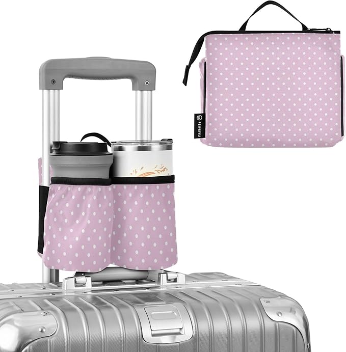 Luggage Cup Holder for Suitcases Free Hands Suitcase Cup Holder Travel Luggage Drink Holder Portable Luggage Cup Caddy Bag Carrier with Handle Pink Polka Dots