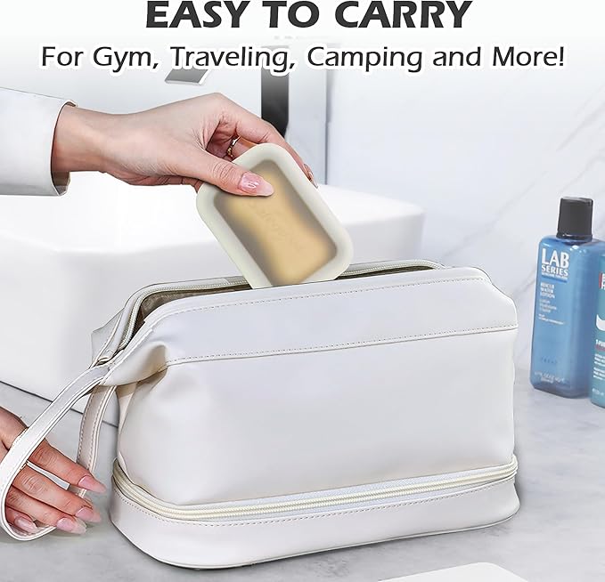 AIDIMMING Leak Proof Silicone Travel Soap Case with Clear Lid & Drain Pad, Compact Bar Soap Container, Portable Soap Holder for Standard Bar Soap & Handmade Soap, Travel Camping Gym (Clear&Offwhite)