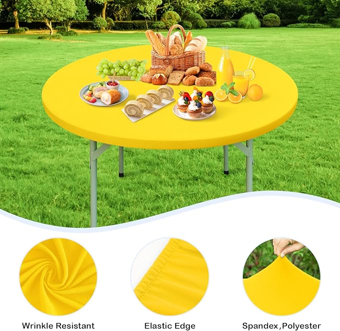 Wolkemer 2 Pack 5 Foot Yellow Fitted Tablecloth 60 Inch Round Elastic Edges Table Cloth, Spandex Stretch Table Cover with Machine Washable Fabric for Wedding Party Picnic Dining Indoor Outdoor