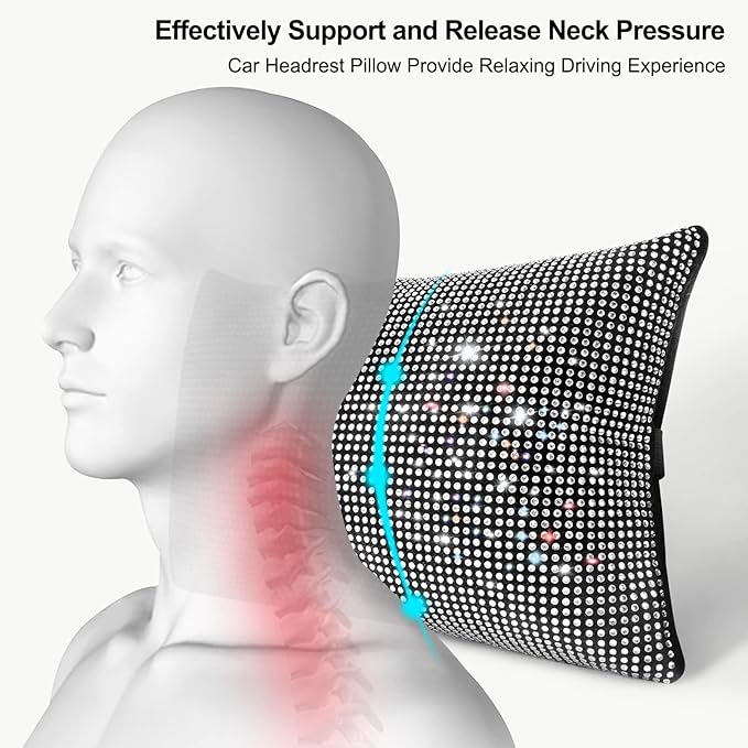 surpassme 2PCS Rhinestone Car Headrest Neck Pillow for Driving with Bling Bling Crystal Bow Pillow Car Accessories for Women (Silver/White)