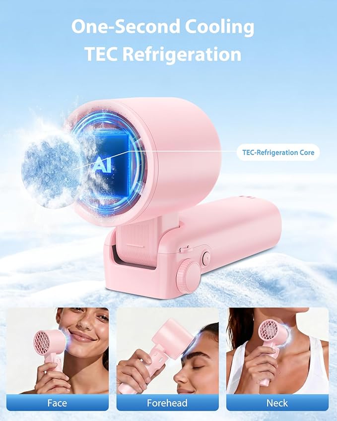 Ouddy Mode Portable Handheld Pink Fan Rechargeable, Ice Cooling Foldable Personal Fan, Up to 13Hrs Turbo Pocket Hand Held Fans for Travel, Camping, Hiking, Beach, Office, Outdoor