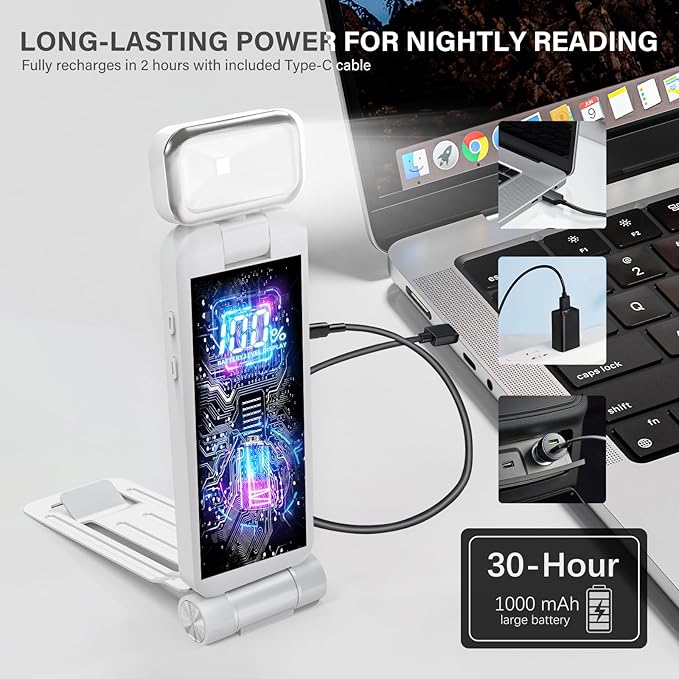 KTEBO Rechargeable Book Light with Clip & Battery Indicator, 9 Luminescence Modes, USB-C Portable 1.6 oz Ultralight Lamp for Night Reading in Bed, Readers - White