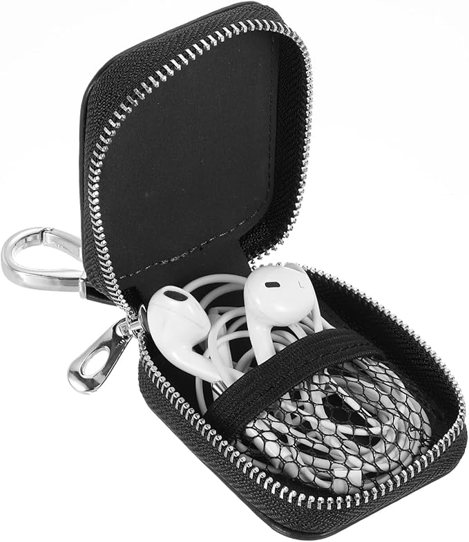 HARFINGTON Earbuds Cases, Earphone Case Holder, PU Leather Ear Buds Case Zipper Organizer Small with Mesh Pocket for USB Cable, Wireless Wired Earphones, Black
