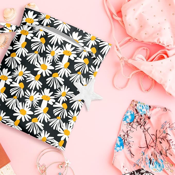 Wet Bag, Wet Dry Bag, Wet Bag for Swimsuit, Travel, Beach, Pool, Diapers, Dirty Yoga Gym Clothes, Toiletries, Makeup Bag, Waterproof Reusable Cute Daisy Floral Flower