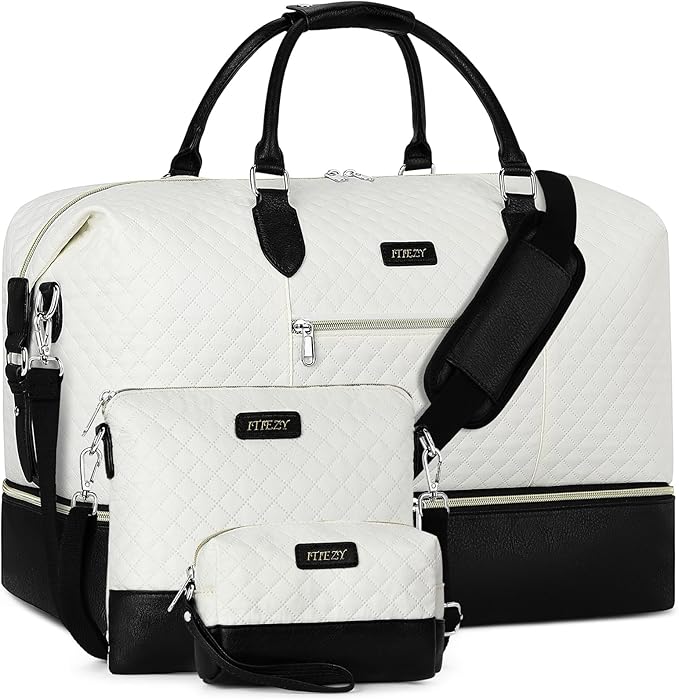 ITIEZY Weekender Overnight Bag for Women - Large Travel Duffel Bag with Shoe Compartment, Gym Duffel Bag Hospital Bag Carry On Tote Bags for Airplanes with Crossbody Bag Toiletry Bag 3Pcs Set