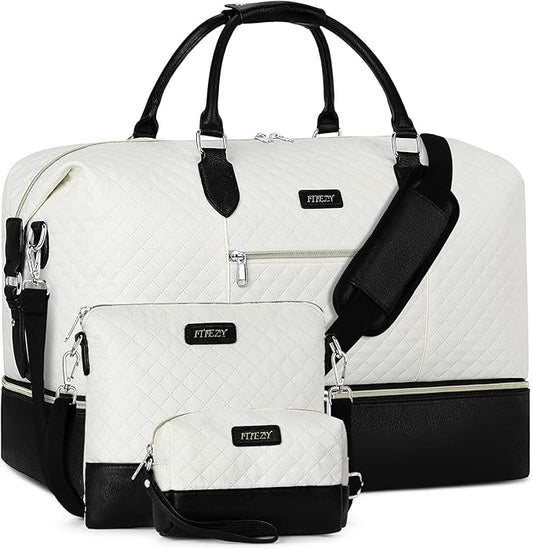 ITIEZY Weekender Overnight Bag for Women - Large Travel Duffel Bag with Shoe Compartment, Gym Duffel Bag Hospital Bag Carry On Tote Bags for Airplanes with Crossbody Bag Toiletry Bag 3Pcs Set