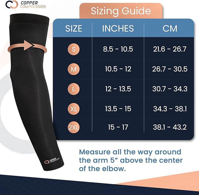 Copper Compression Arm Sleeve - Copper Infused Full Arm Brace for Forearm, Bicep, Triceps - Tennis Elbow, Basketball, Golf, Arthritis, Tendonitis, Bursitis, Post Surgery Rehab - Odor Resistant - Black - XL