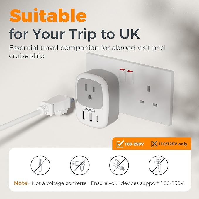 UK Adapters for Travel 3 Pack, TESSAN US to UK Plug Adapter with 3 USB Ports (1 USB C), Type G Power Adaptor for USA to Ireland Scotland Dubai Hong Kong England British Kenya London