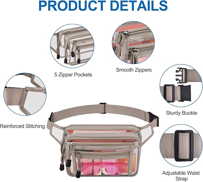 Clear Bag Stadium Approved Clear Fanny Pack for Women for Work,Multi-purpose Waist Bag for Travel & Sporting Event