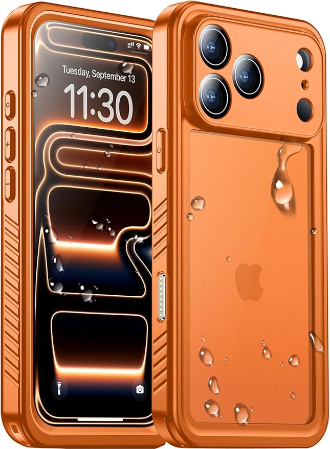 Compatible with iPhone 17 Pro Max Case,Waterproof Built-in Screen & Camera Protector IP68 Underwater Full Body 17FT Military Dropproof Shockproof Phone Case 6.9"-Orange/Clear