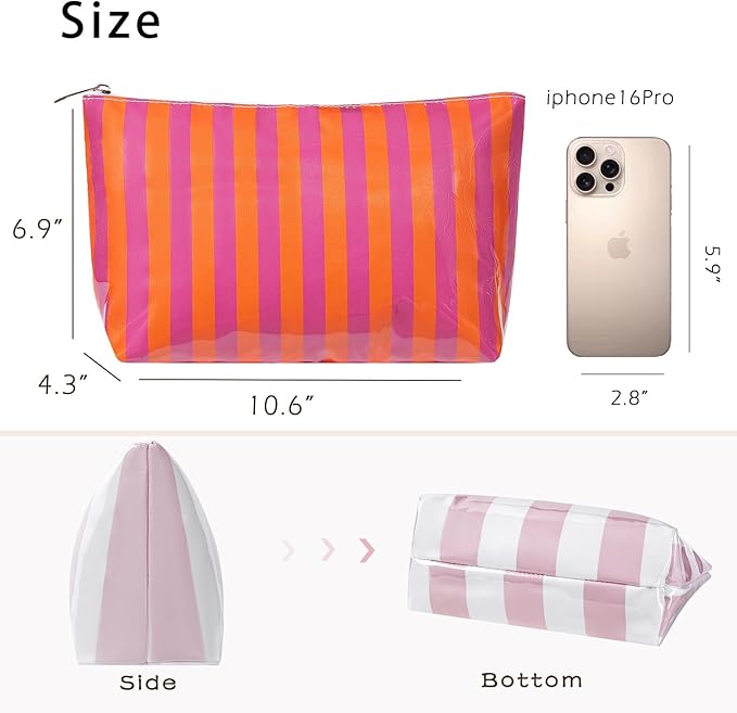 Large PVC Waterproof Striped Makeup Bag,Clear Coated Cosmetic Bags,Easy to Clean,Travel Organizer Zipper Pouch Beach Vacation Essentials for Women Girls(11Orange Purple)
