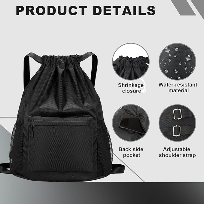 Tygelluis Drawstring Backpack, Waterproof Gym Bag with Water Bottle Pocket for Women Men, Pull String Sport Bag for Swim, Soccer and Basketball,Black