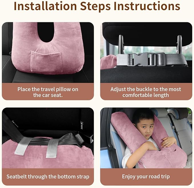 Travel Pillow for Kids & Adults, Car Pillow for Back Seat, Sleeping Support Cushion for Long Road Trips, Toddler Carseat Pillow with Removable & Washable Cover, Pink