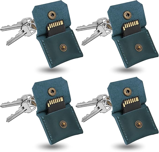 Jack&Chris Genuine Leather SD Card Holder Keychain, Anti-Shock Anti-Dust SD Card Case, Portable Camera Accessories for SD CF CFexpress Micro SD Nano SIM and Micro SIM Cards, Blue 4 Packs