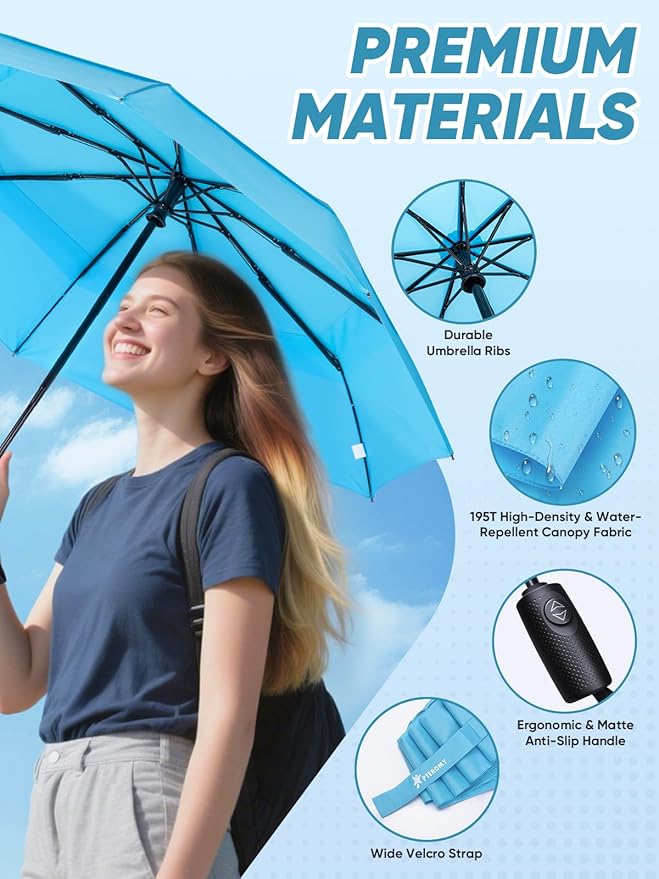 PTEROMY Windproof Travel Umbrellas for Rain and Sun, Withstands 85MPH Winds Auto Open Close Folding Umbrella with Ergonomic Handle, Quick Dry Canopy for Commuting or Backpack