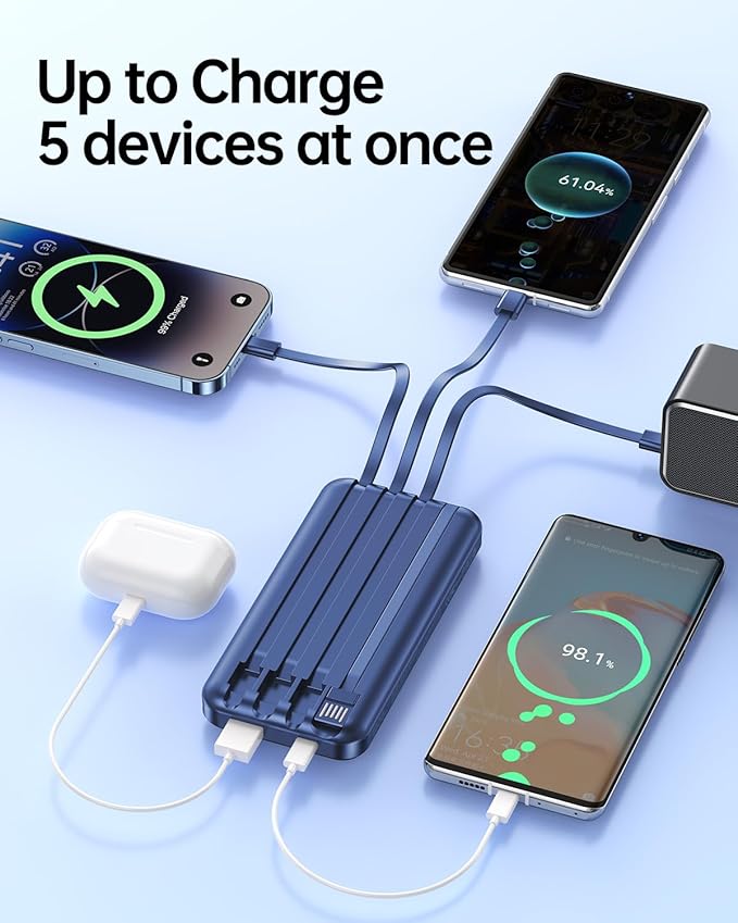 RONEGN Portable Charger with Built in Cable 10000mah USB C Power Bank Fast Charging Travel Essential Battery Pack for iPhone Samsung Android iPad etc