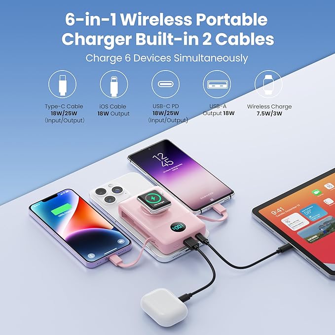 Ekrist Magnetic Portable Charger for MagSafe with Built-in Cable,iWatch Charger,Wireless Power Bank Travel Essentials,25W Fast Charging Battery Pack for iPhone 17/16/15,Apple Watch(Pink,10800mAh)