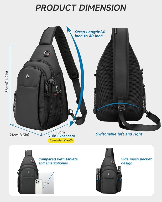 Anti Theft Sling Bag for Men, Expandable Crossbody Chest Bag with Water Bottle Pocket, Travel Sling Backpack Fits 11” iPad & Switch 2 for Commuting, Hiking, Daily Carry, Black | Mens Crossbody Bag