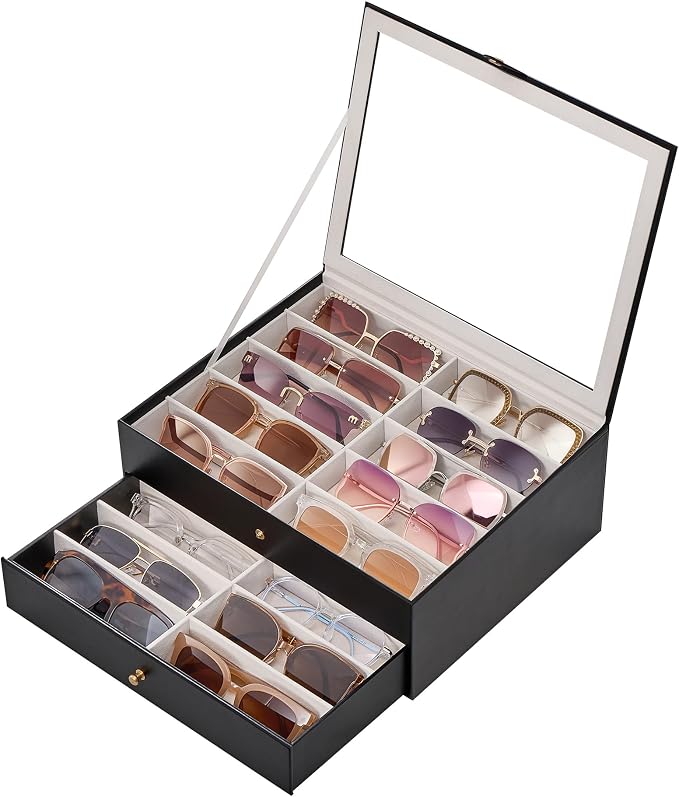 Lolalet 10/20 Slots Sunglasses Organizer Box, Eyeglasses Eyewear Holder Case for Multi Pairs Collection