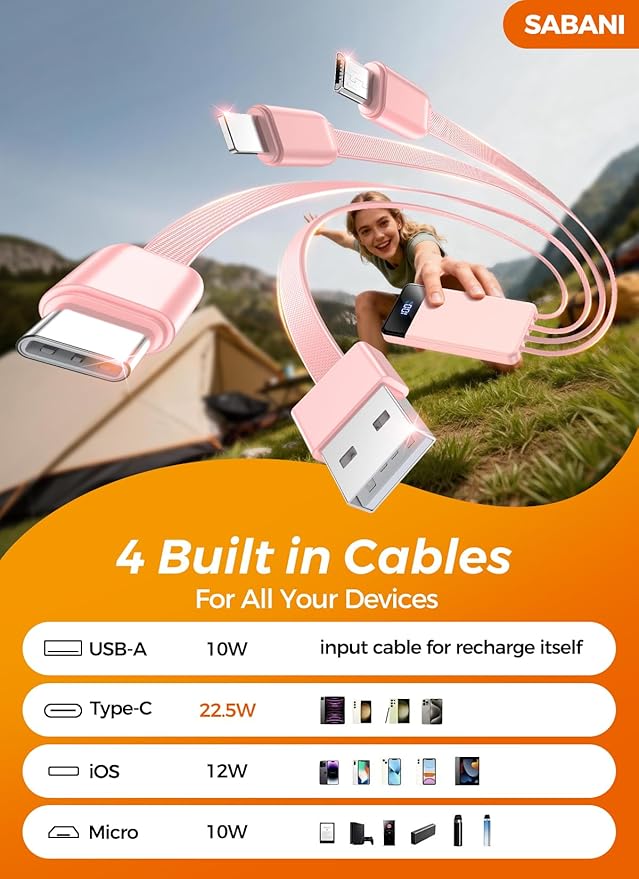 Portable Charger 35000mAh Power Bank - Powerbank with 4 Built in Cables, 22.5W Fast Charging Travel Camping Essential Battery Pack Compatible with iPhone 17 16 15 14 13 Samsung Google, 1 Pack