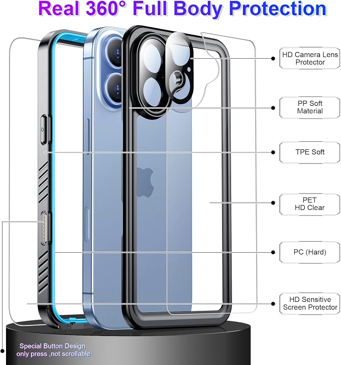 Compatible with iPhone 17 Case,Waterproof Built-in Screen & Camera Protector IP68 Underwater Full Body 17FT Military Dropproof Shockproof Phone Case 6.3"-Blue/Clear