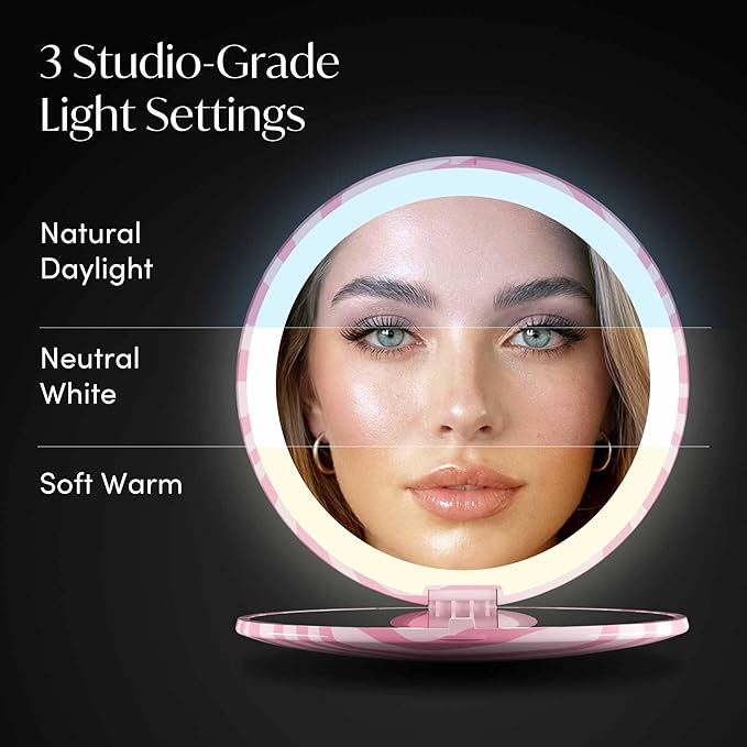 Fancii Mini Taylor Compact Magnifying Mirror with LED Light, 10x/1x, Rechargeable, 3 Light Settings, Dimmable-Small Lighted Travel Handheld Mirror for Pocket, Handbag, Purse, 2-Sided (Blush Zebra)
