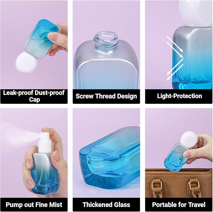 Segbeauty 1oz Fine Mist Glass Spray Bottles Empty for Travel, 2pcs Square Blue Perfume Refillable Travel Size Spray Bottle with Round Cap, 30ml Perfume Atomizer Sprayer, Small Liquid Containers Bottle
