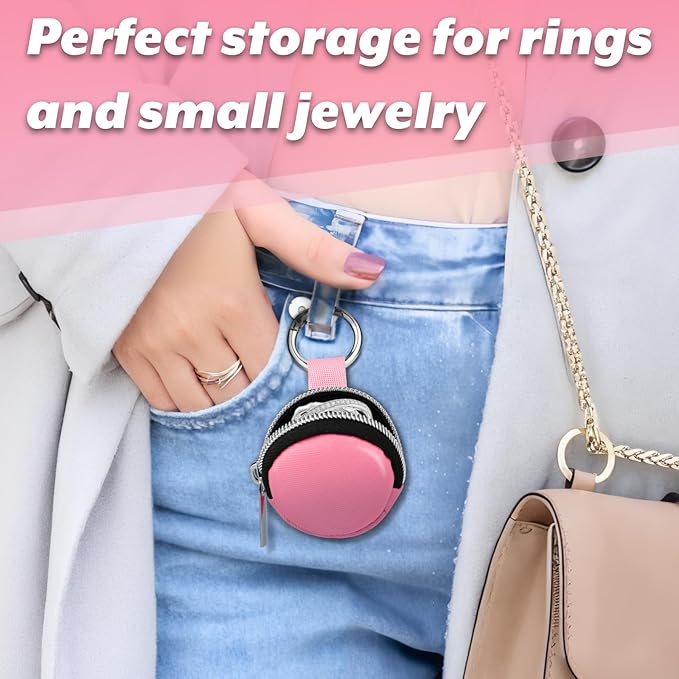 Portable Ring Organizer Case with Keychain, Traveling Ring Holder Storage Bag, Anti-Lost Keychain Container for Rings, Jewelry (2, Pink)