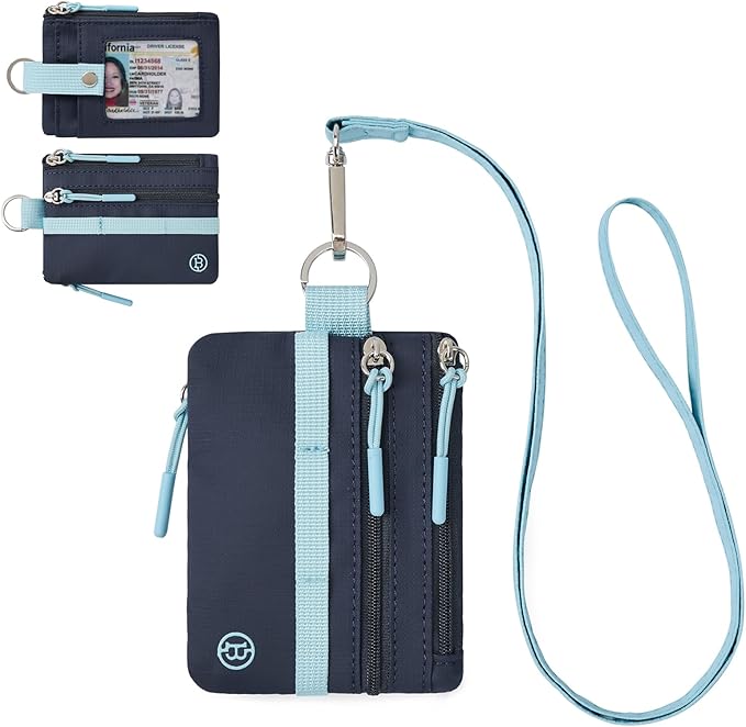 BOSTANTEN Small Wallet RFID, Minimalist Zip ID Case Wallet with Lanyard Keychain, Water Resistant Card Wallets for women & Men, Navy Blue and Sky Blue