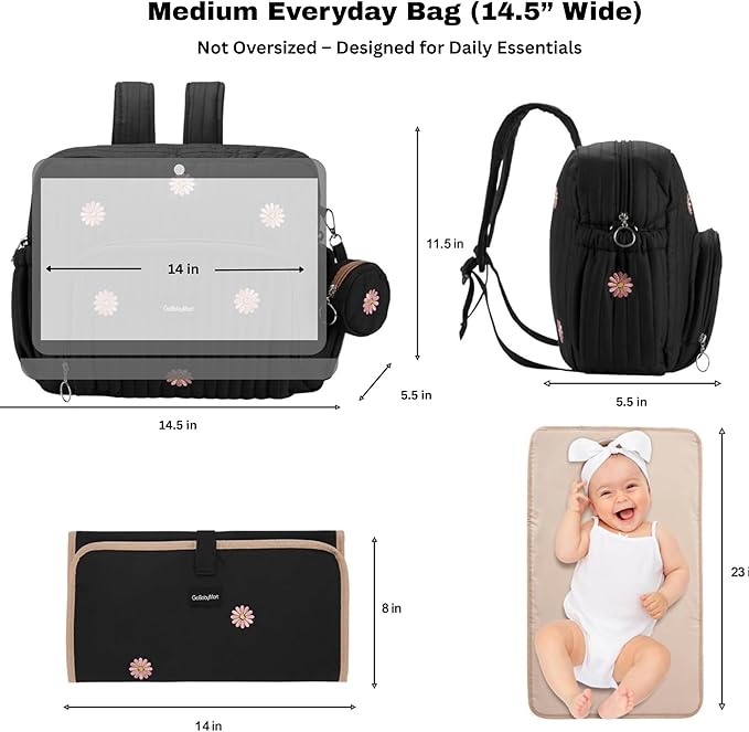 GOBABYMART Diaper Bag Backpack, Medium Maternity baby bag & Changing Pad, Insulated Pockets, Stroller Straps & Pacifier Case (Medium - Black Flowers)