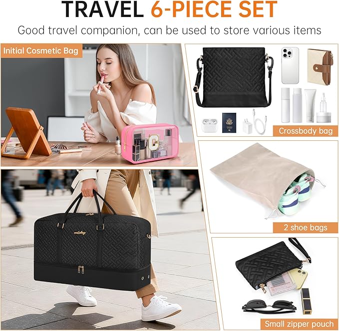Weekender Bag for Women, 6 Pcs Set Carry on Overnight Bag, 21" Travel Duffel Bag with Initial Clear Makeup Pouch and Waterproof Shoe Compartment